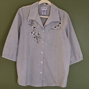 Vintage Blair Women's Med Button Up Cotton Blend Shirt Thin Striped Embroidered